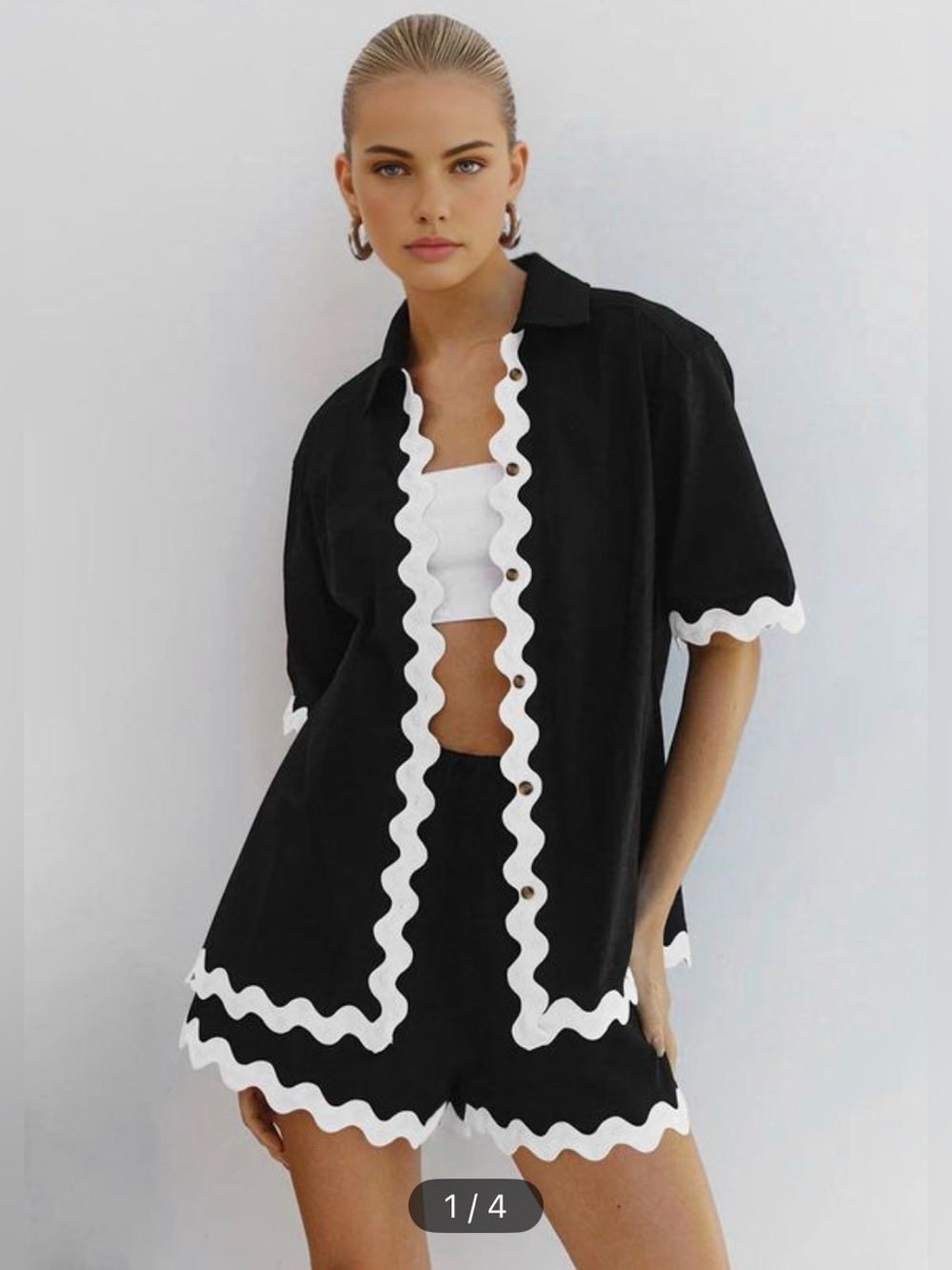 Commense Ricrac Trim Shorts Set - Black & White Scalloped Two-Piece Matching Set